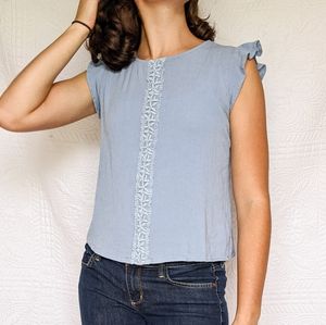 Lace detailed light blue ruffle sleeve blouse